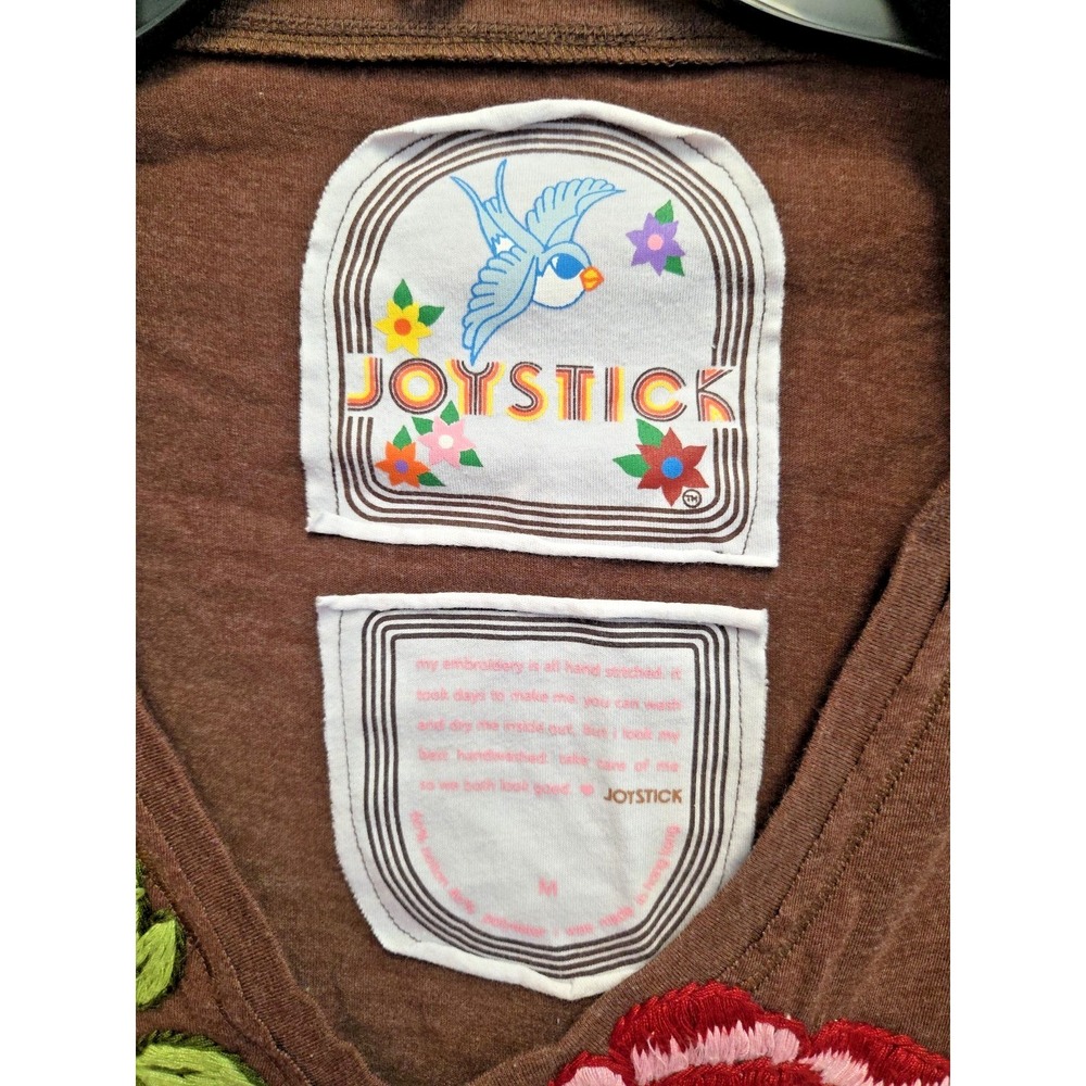 Joystick Johnny Was Roses Floral Hand Embroidered Top Sz M T-shirt Brown Boho - Picture 3 of 13